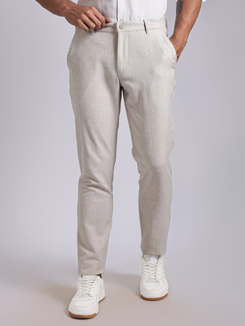 Thomas Scott Men Cream Mid-Rise Regular Fit Linen Chinos Trouser
