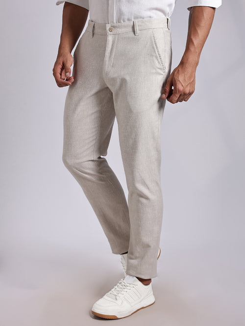 Thomas Scott Men Cream Mid-Rise Regular Fit Linen Chinos Trouser