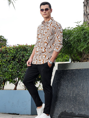 Thomas Scott Men Brown Regular Fit Long Sleeves Geometric Print Pure Cotton Casual Shirt