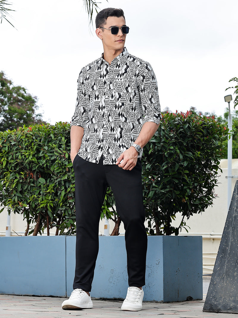 Thomas Scott Men Black Regular Fit Long Sleeves Geometric Print Pure Cotton Casual Shirt