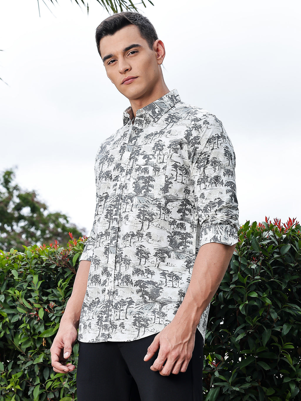 Thomas Scott Men Grey Regular Fit Long Sleeves Floral Printed Pure Cotton Casual Shirt