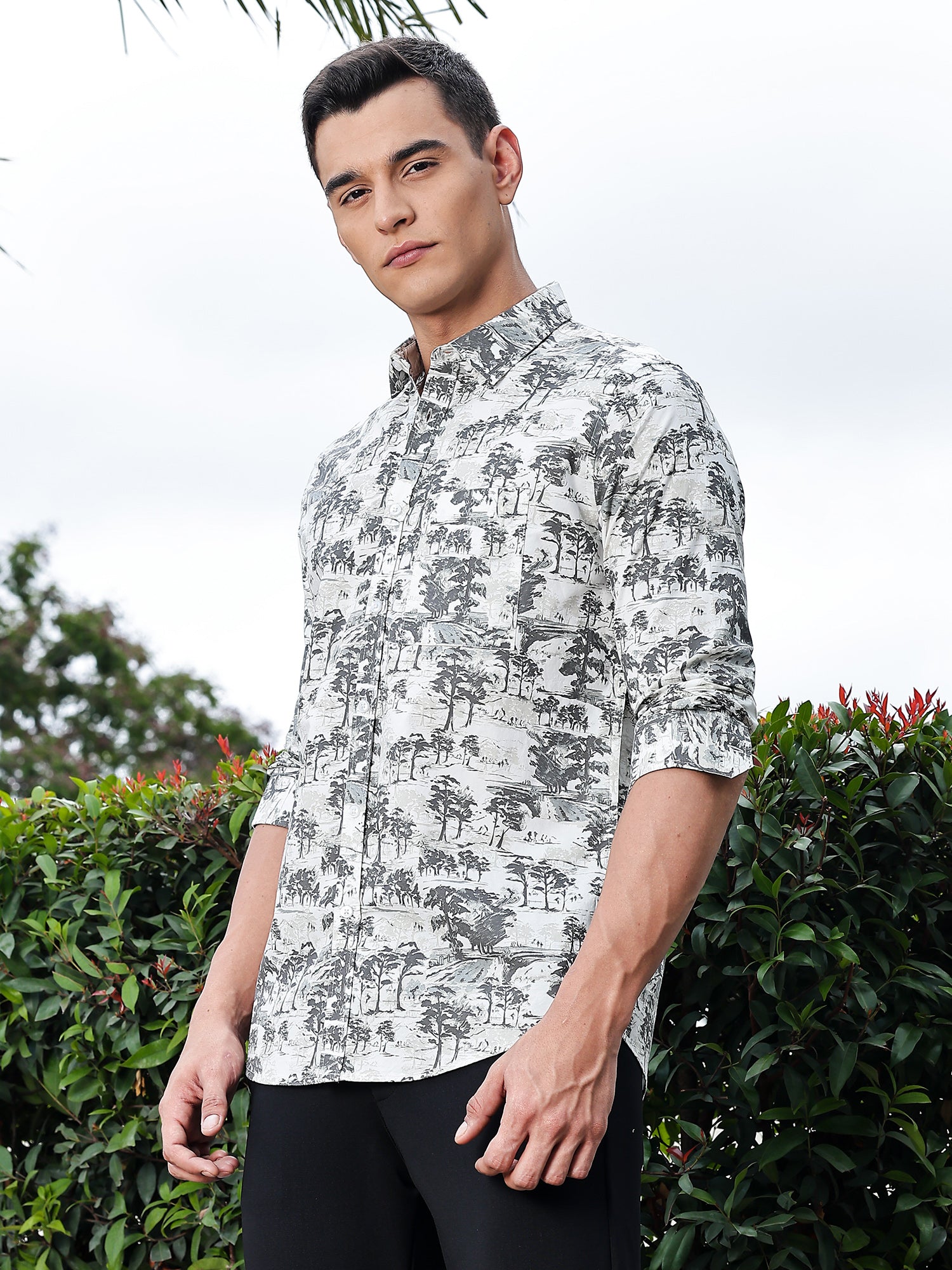 Thomas Scott Men Grey Regular Fit Long Sleeves Floral Printed Pure Cotton Casual Shirt