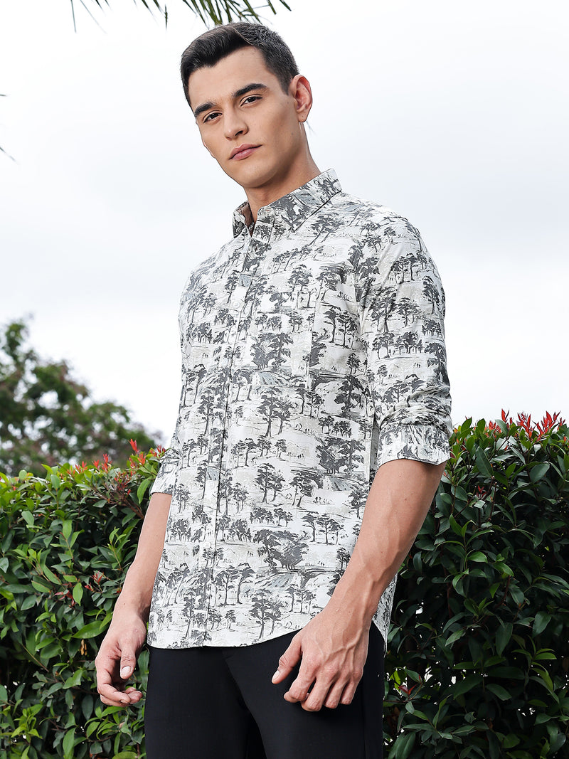 Thomas Scott Men Grey Regular Fit Long Sleeves Floral Printed Pure Cotton Casual Shirt