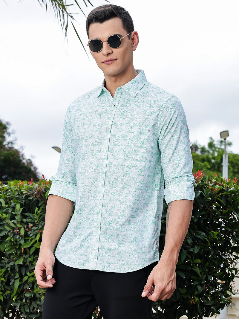 Thomas Scott Men Green Regular Fit Long Sleeves Abstract Printed Pure Cotton Casual Shirt
