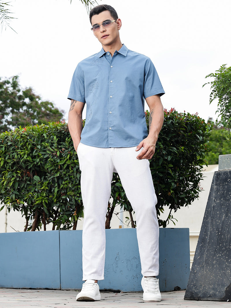 Thomas Scott Men Medium Blue Regular Fit Short Sleeves Spread Collar Embroidered Shirt