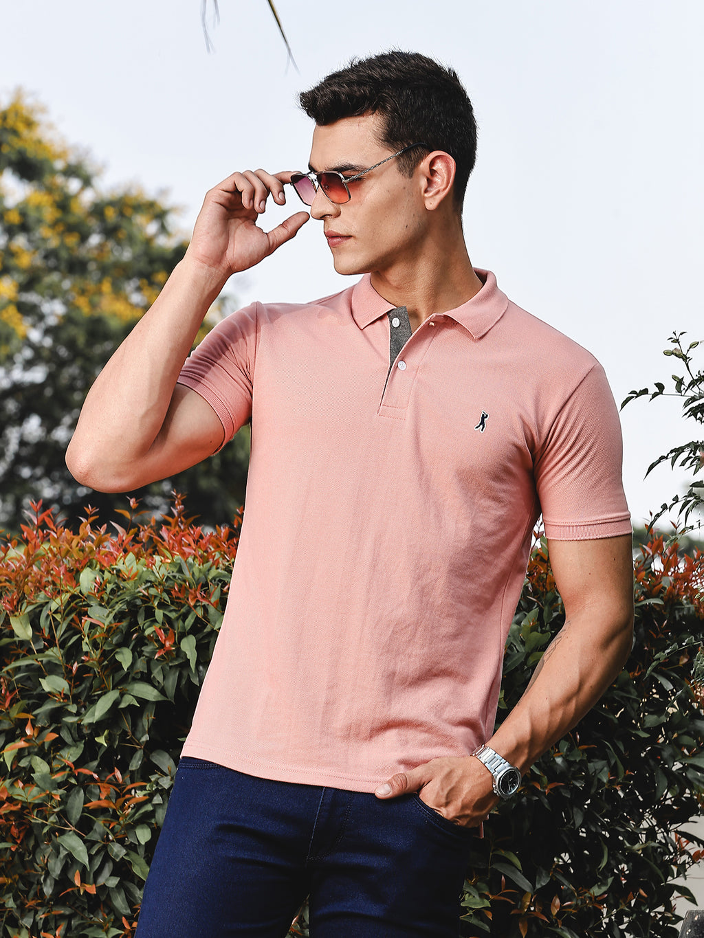 Thomas Scott Men Pink Regular Fit Short Sleeves Solid Polo Collar Knitted Tshirt