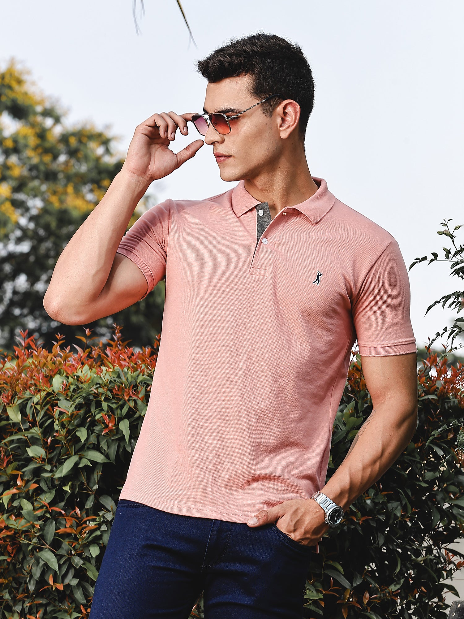 Thomas Scott Men Pink Regular Fit Short Sleeves Solid Polo Collar Knitted Tshirt