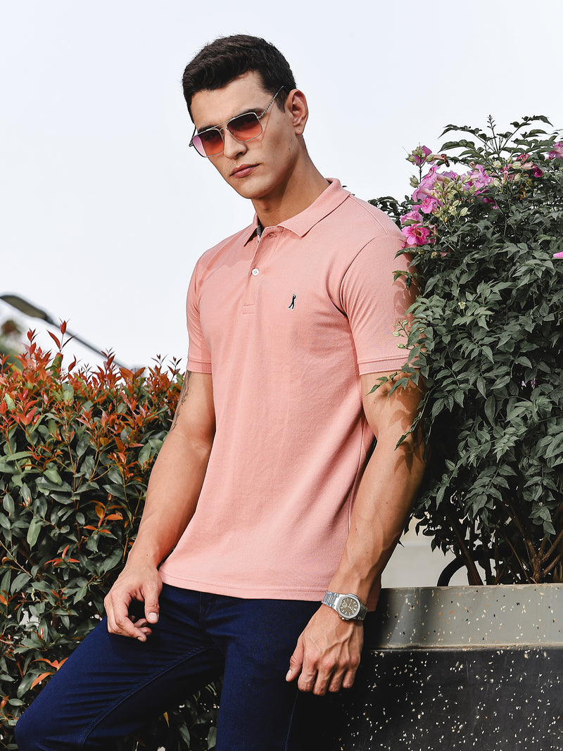 Thomas Scott Men Pink Regular Fit Short Sleeves Solid Polo Collar Knitted Tshirt