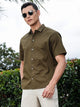 Thomas Scott Men Mehandi Regular Fit Short Sleeves Spread Collar Embroidered Shirt