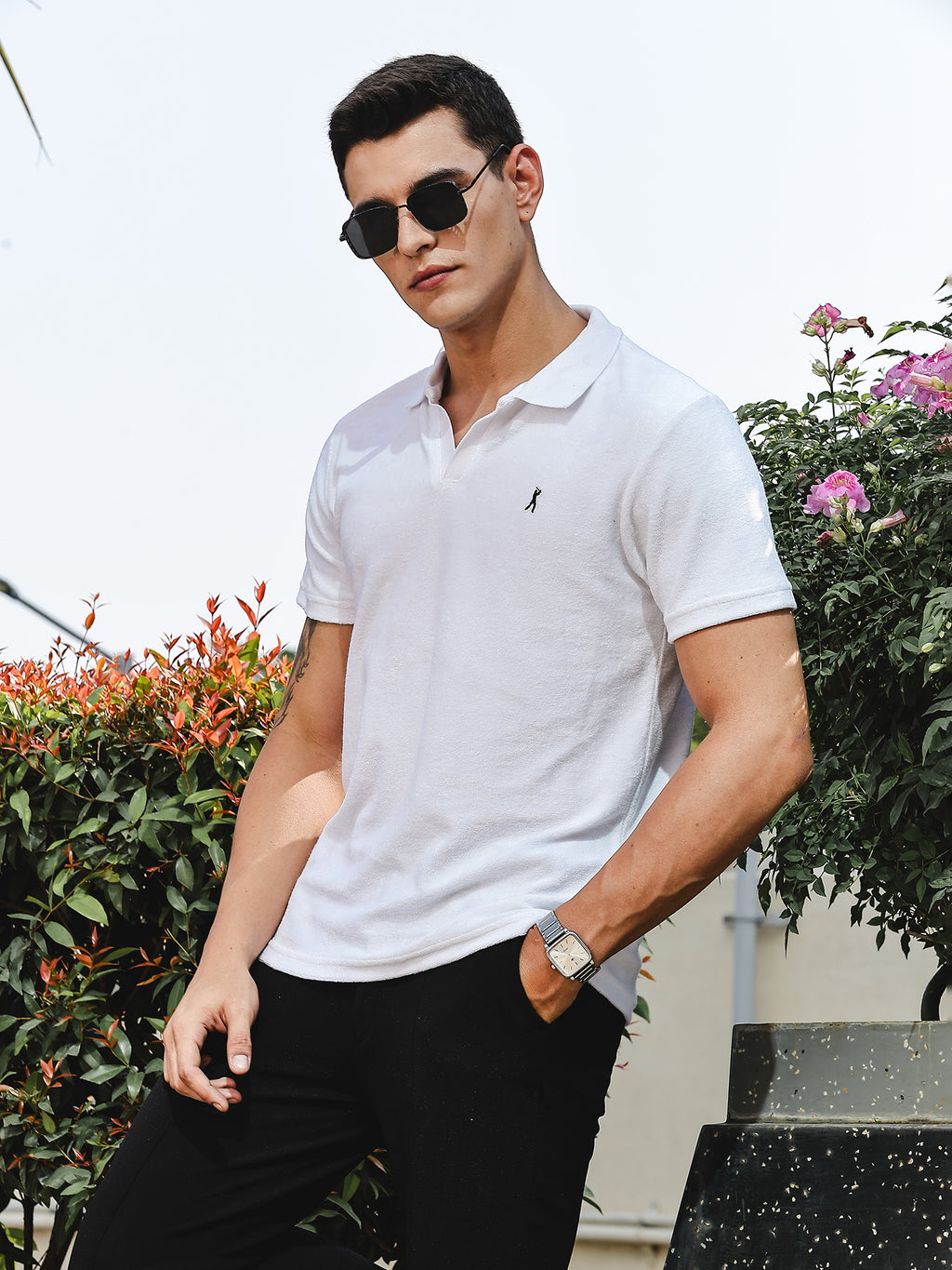 Thomas Scott Men White Towel Terry Regular Fit Short Sleeves Polo Collar Tshirt