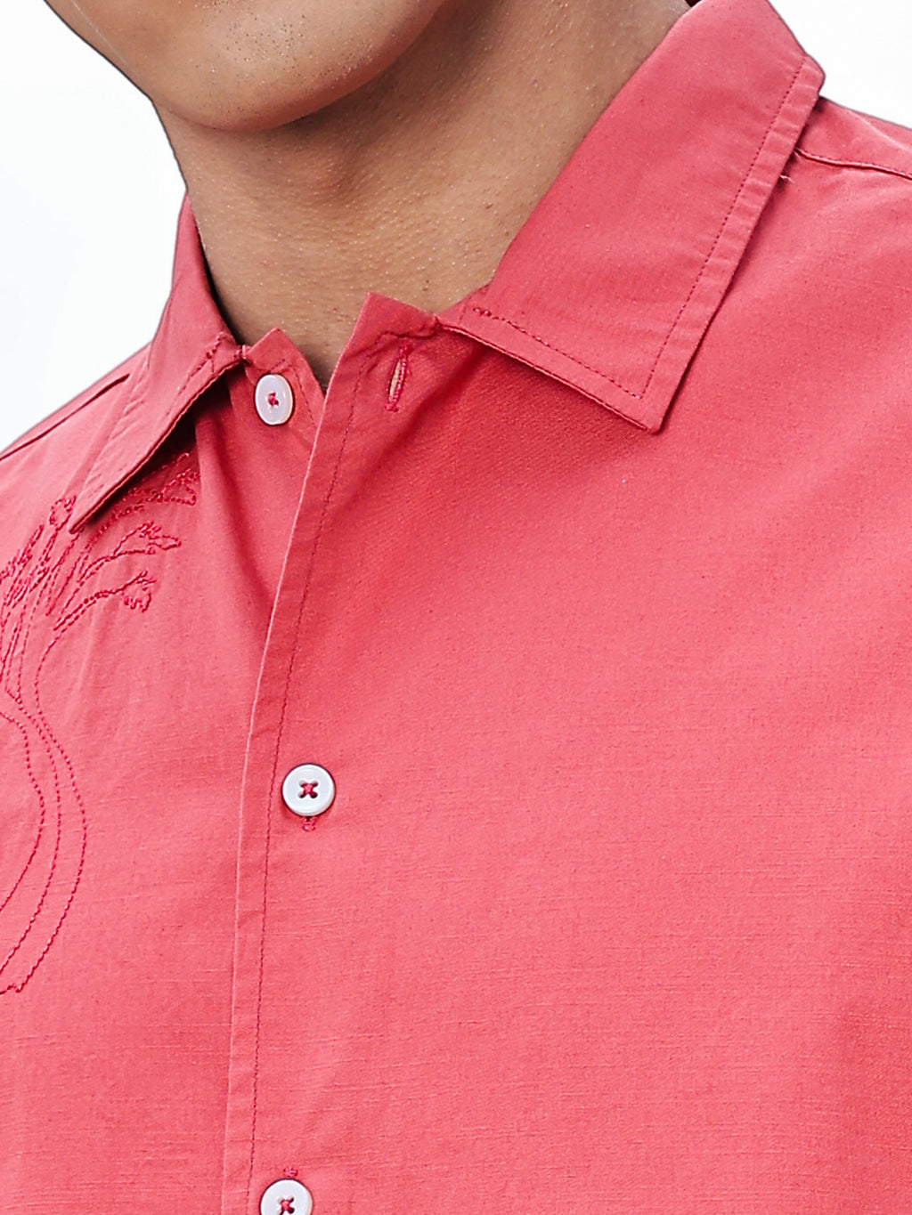 Thomas Scott Men Red Regular Fit Short Sleeves Spread Collar Embroidered Shirt