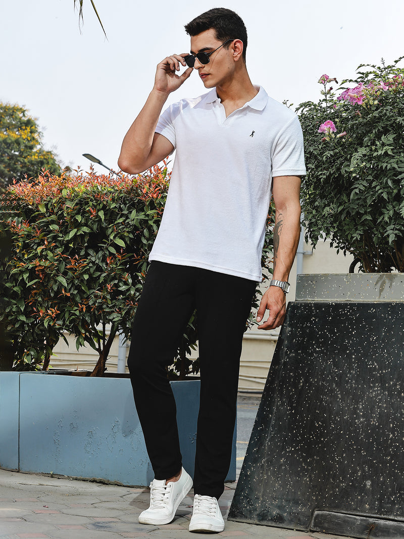 Thomas Scott Men White Towel Terry Regular Fit Short Sleeves Polo Collar Tshirt