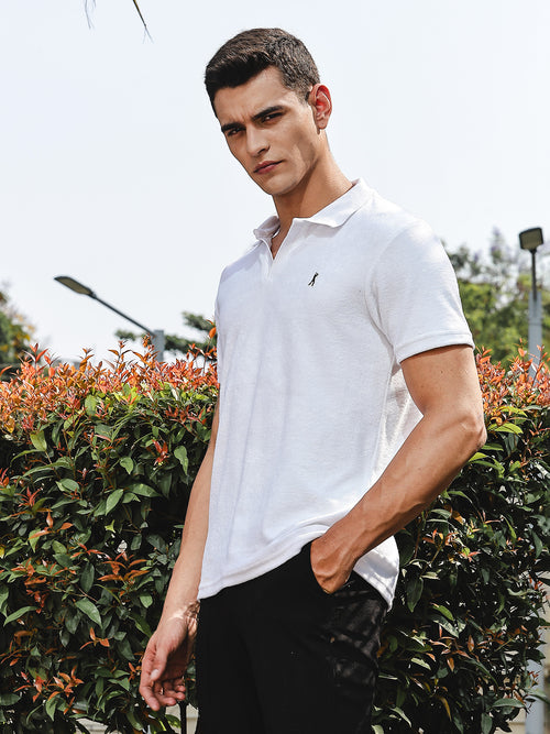 Thomas Scott Men White Towel Terry Regular Fit Short Sleeves Polo Collar Tshirt