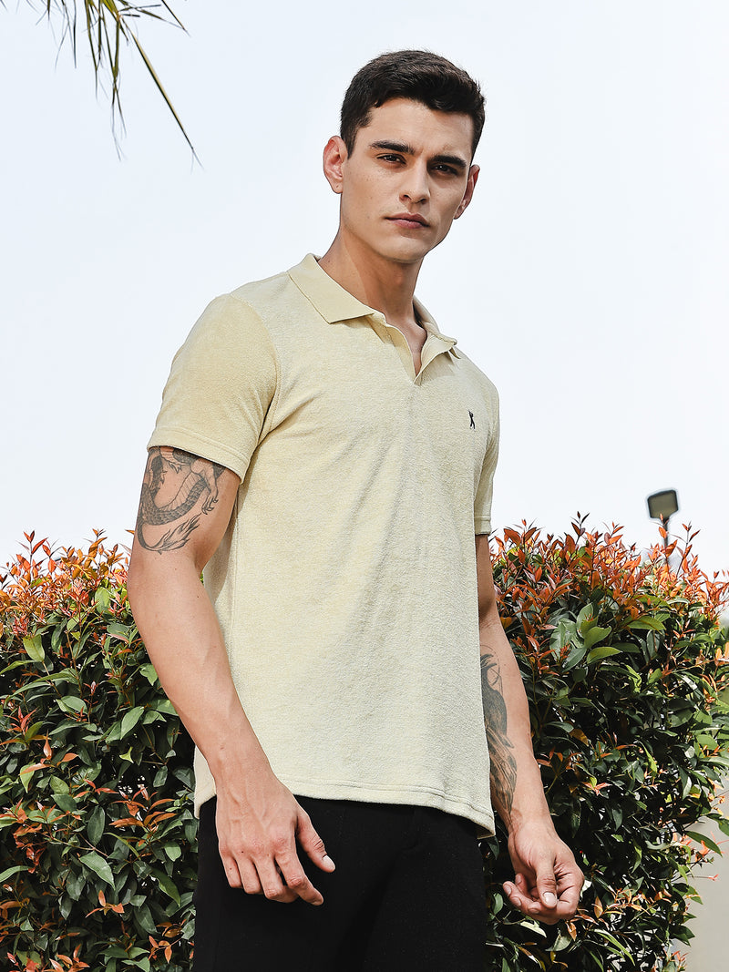Thomas Scott Men Cream Towel Terry Regular Fit Short Sleeves Polo Collar Tshirt