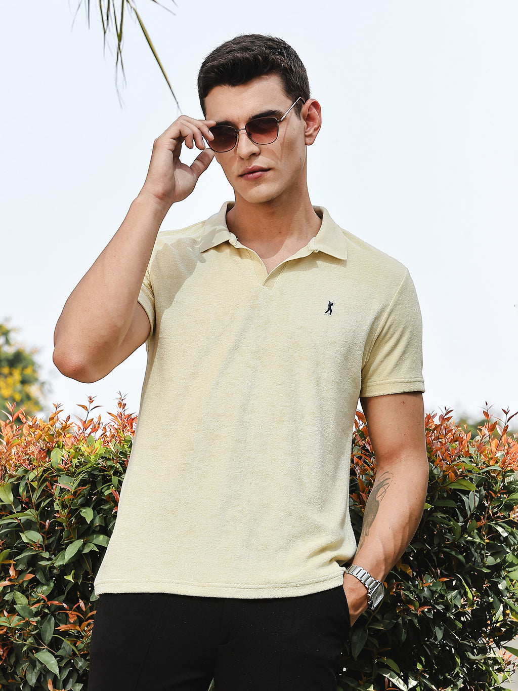 Thomas Scott Men Cream Towel Terry Regular Fit Short Sleeves Polo Collar Tshirt
