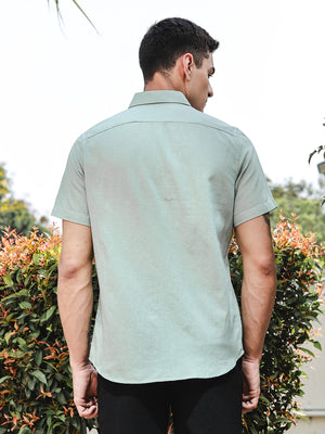 Sea Green Slim Fit Short Sleeves Linen Casual Shirt For Men