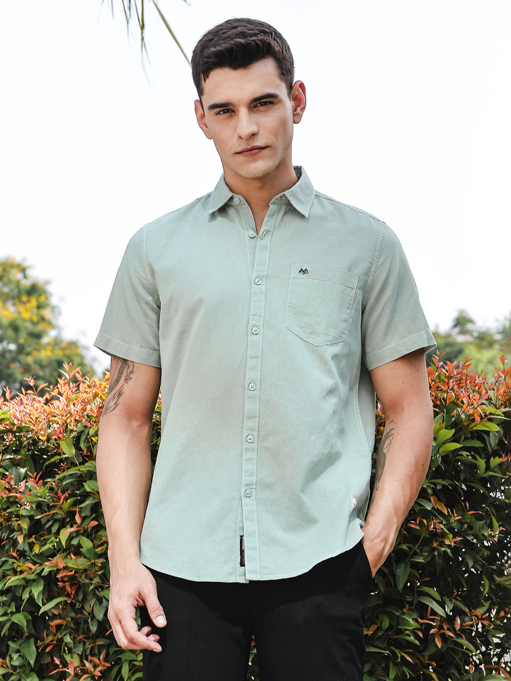 Thomas Scott Men SeaGreen Slim Fit Short Sleeves Linen Casual Shirt