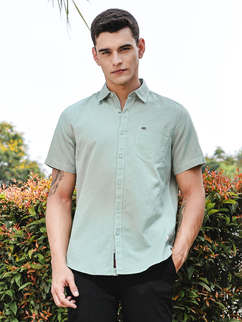Thomas Scott Men SeaGreen Slim Fit Short Sleeves Linen Casual Shirt