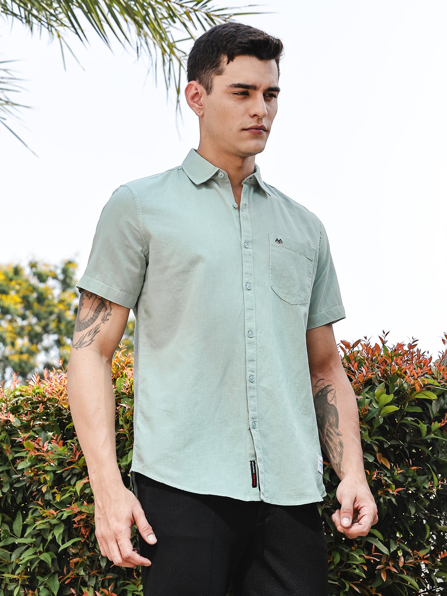 Thomas Scott Men SeaGreen Slim Fit Short Sleeves Linen Casual Shirt