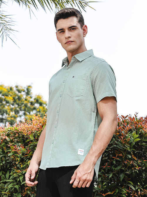Thomas Scott Men SeaGreen Slim Fit Short Sleeves Linen Casual Shirt