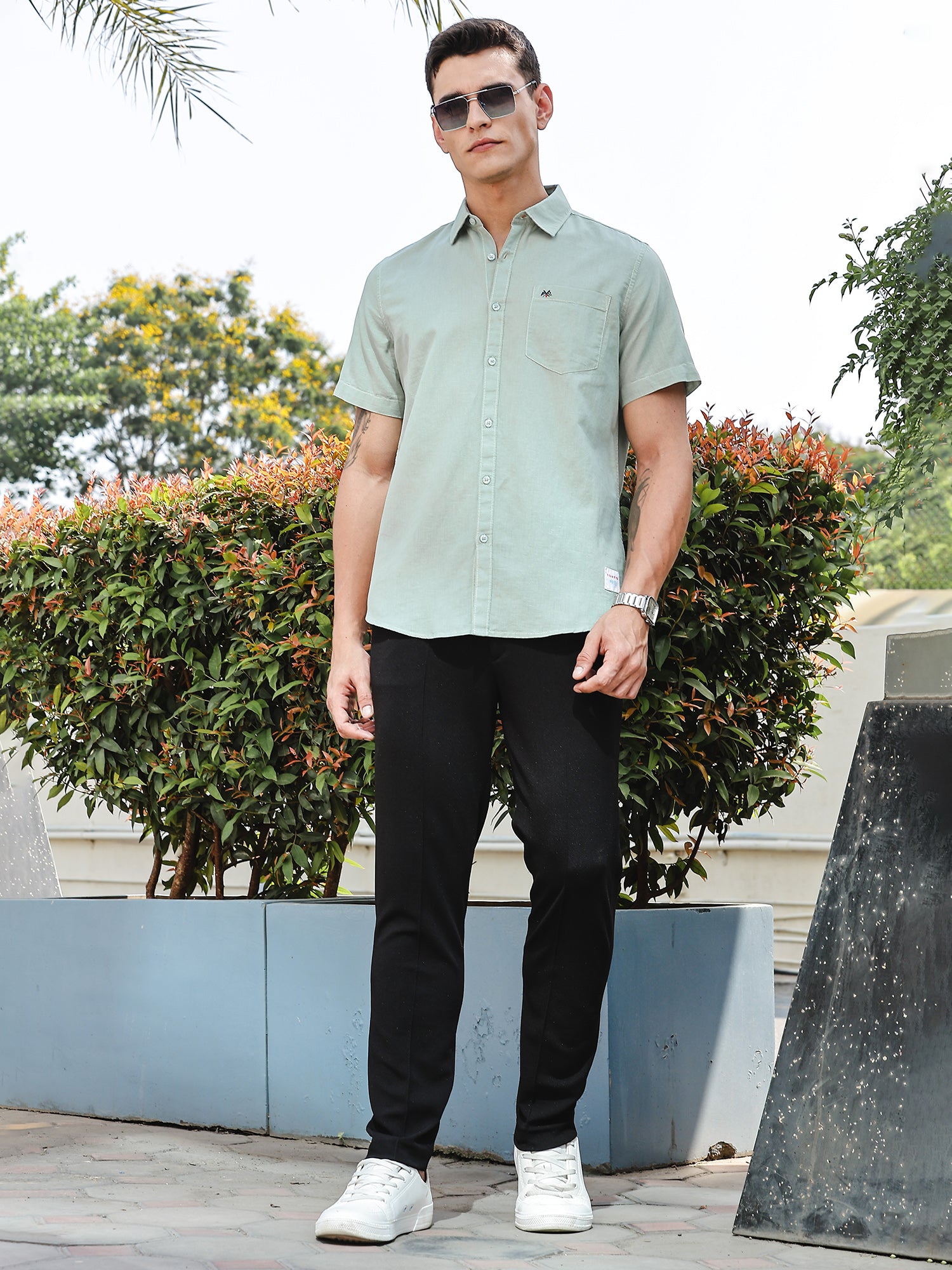 Thomas Scott Men SeaGreen Slim Fit Short Sleeves Linen Casual Shirt