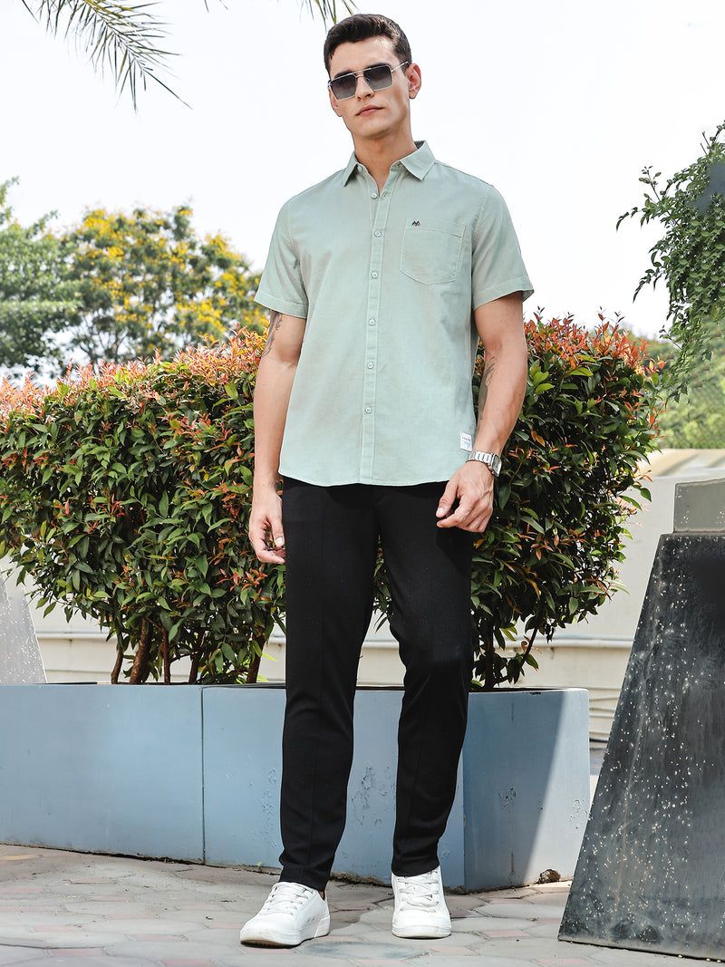 Thomas Scott Men SeaGreen Slim Fit Short Sleeves Linen Casual Shirt