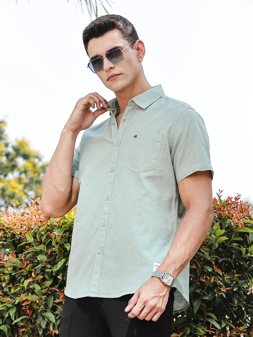 Thomas Scott Men SeaGreen Slim Fit Short Sleeves Linen Casual Shirt