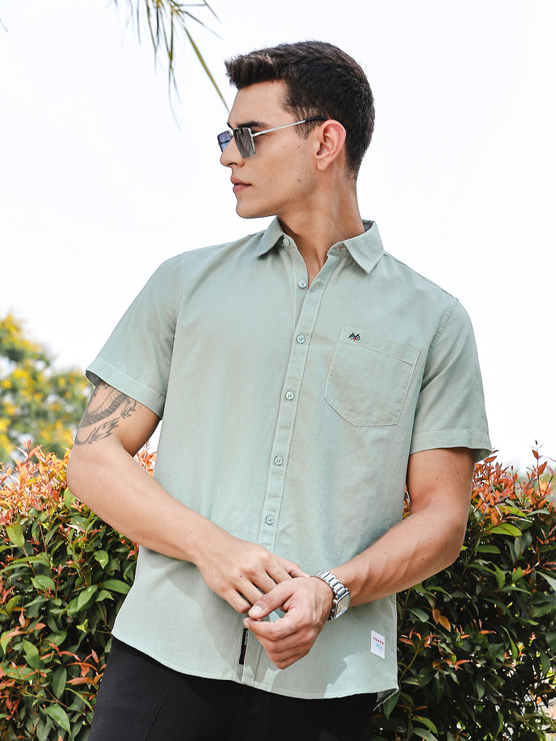 Thomas Scott Men SeaGreen Slim Fit Short Sleeves Linen Casual Shirt