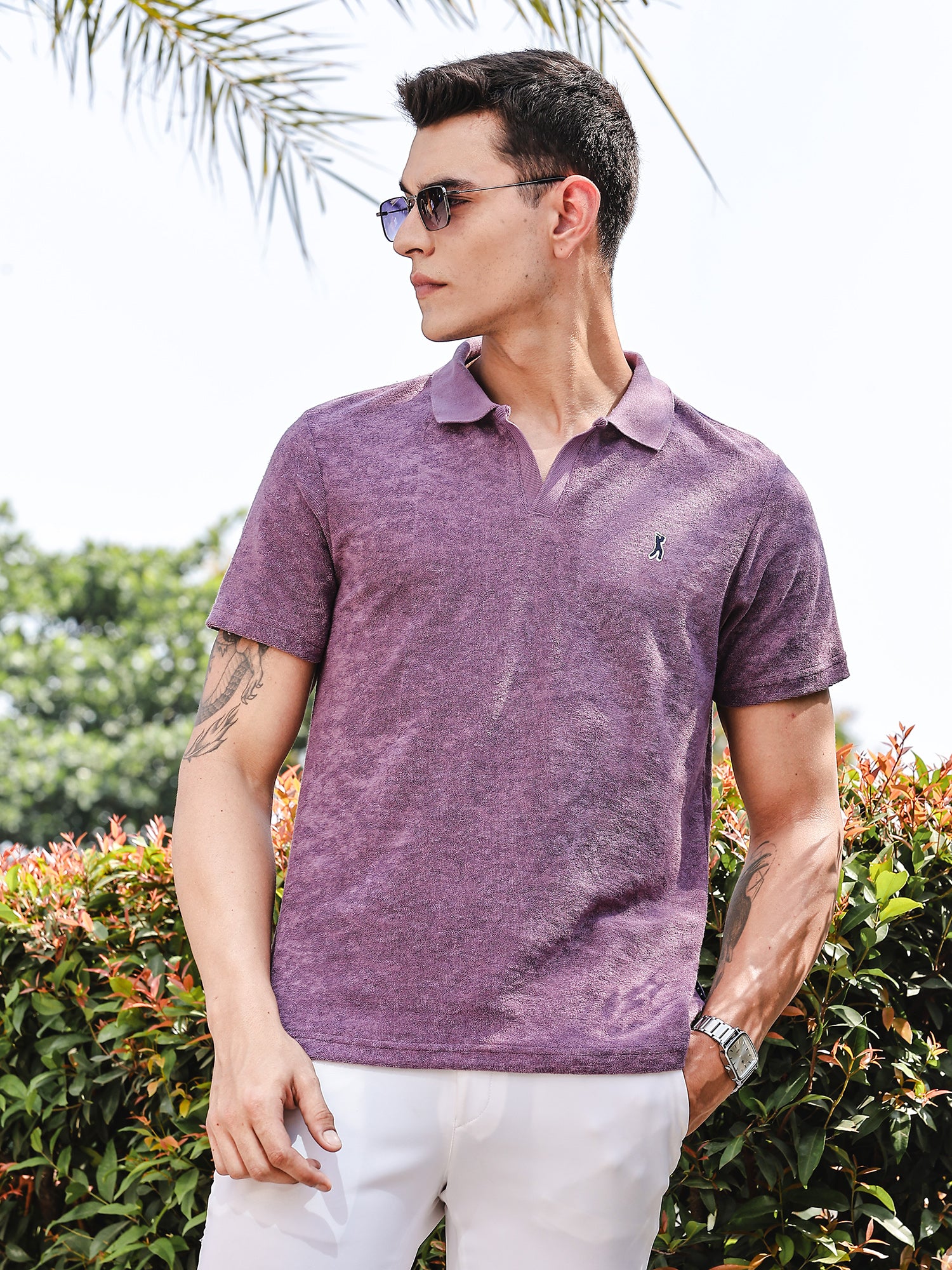 Thomas Scott Men Purple Towel Terry Regular Fit Short Sleeves Polo Collar Tshirt