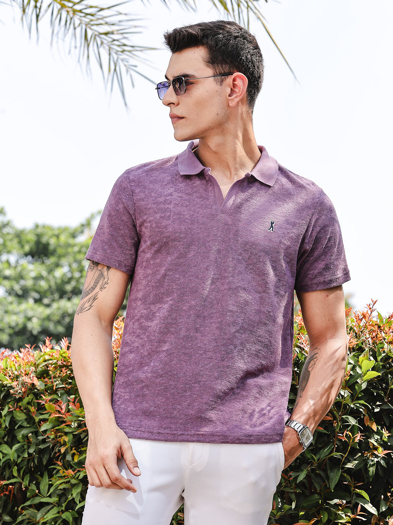 Thomas Scott Men Purple Towel Terry Regular Fit Short Sleeves Polo Collar Tshirt