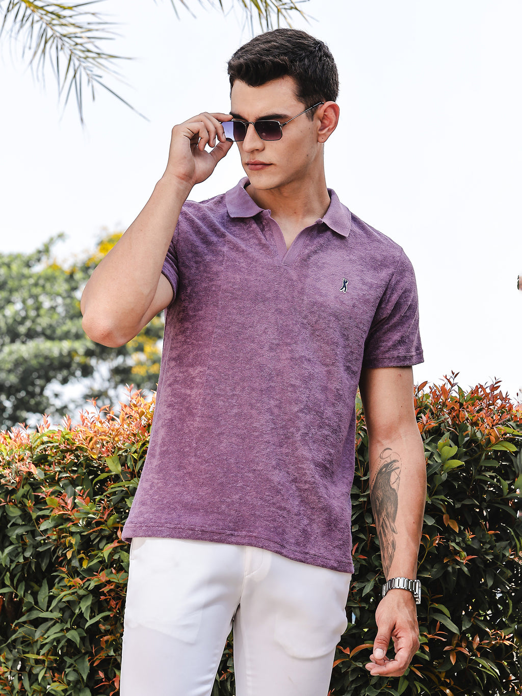 Thomas Scott Men Purple Towel Terry Regular Fit Short Sleeves Polo Collar Tshirt
