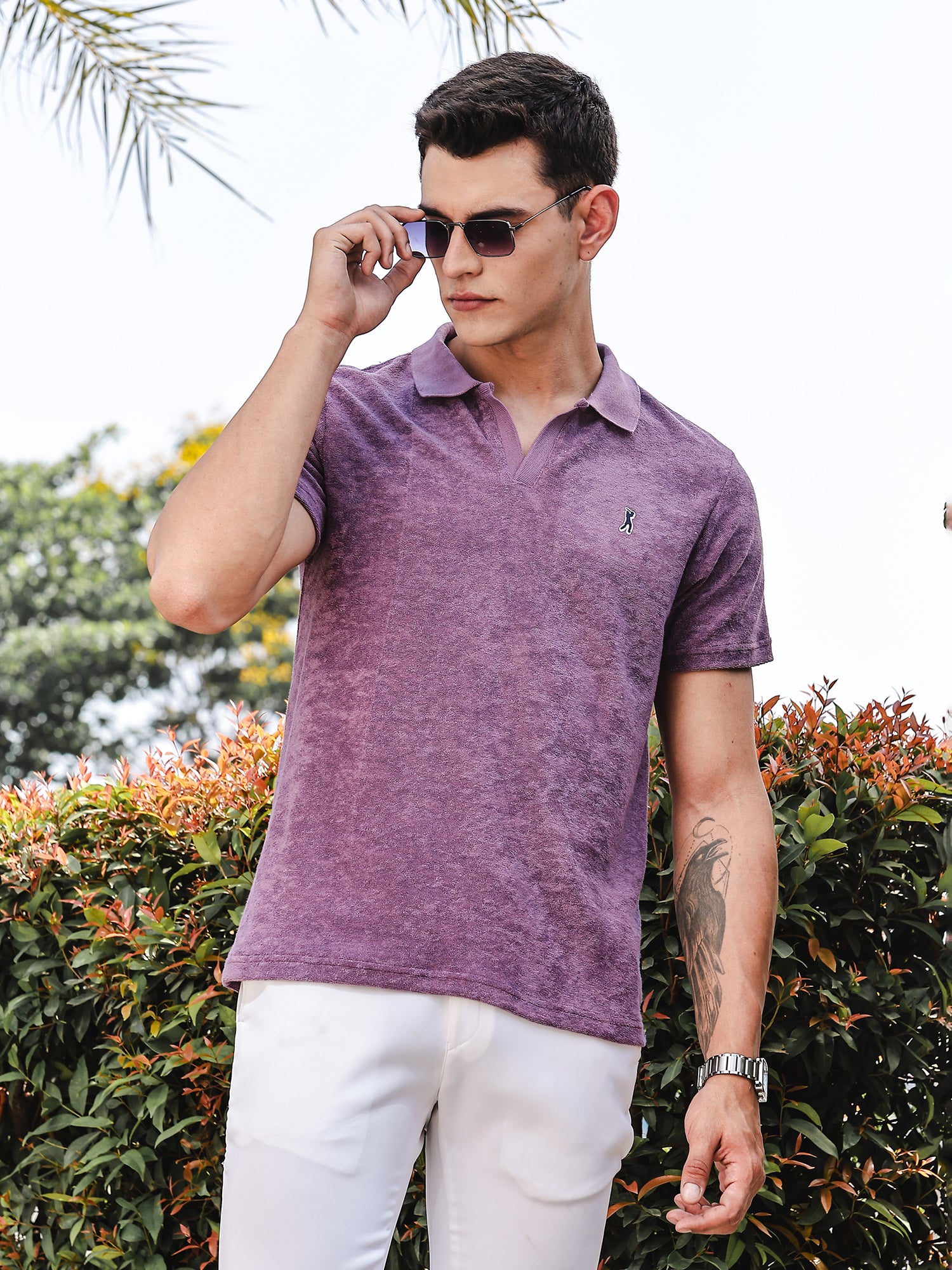 Thomas Scott Men Purple Towel Terry Regular Fit Short Sleeves Polo Collar Tshirt