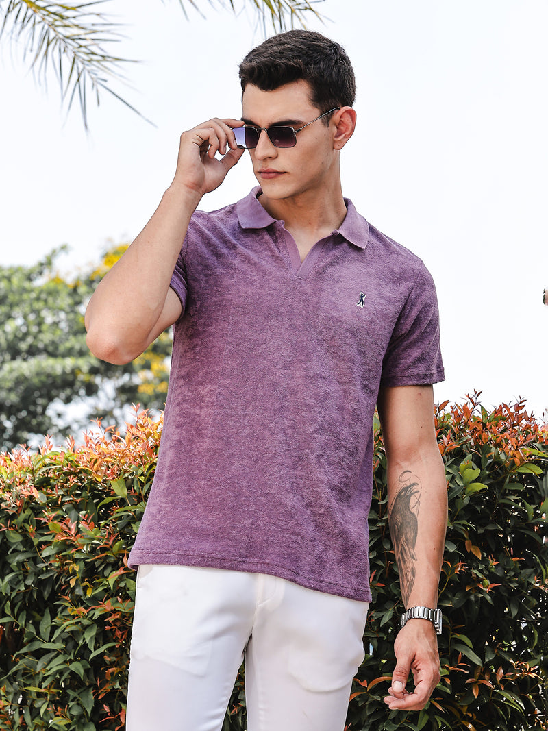 Thomas Scott Men Purple Towel Terry Regular Fit Short Sleeves Polo Collar Tshirt