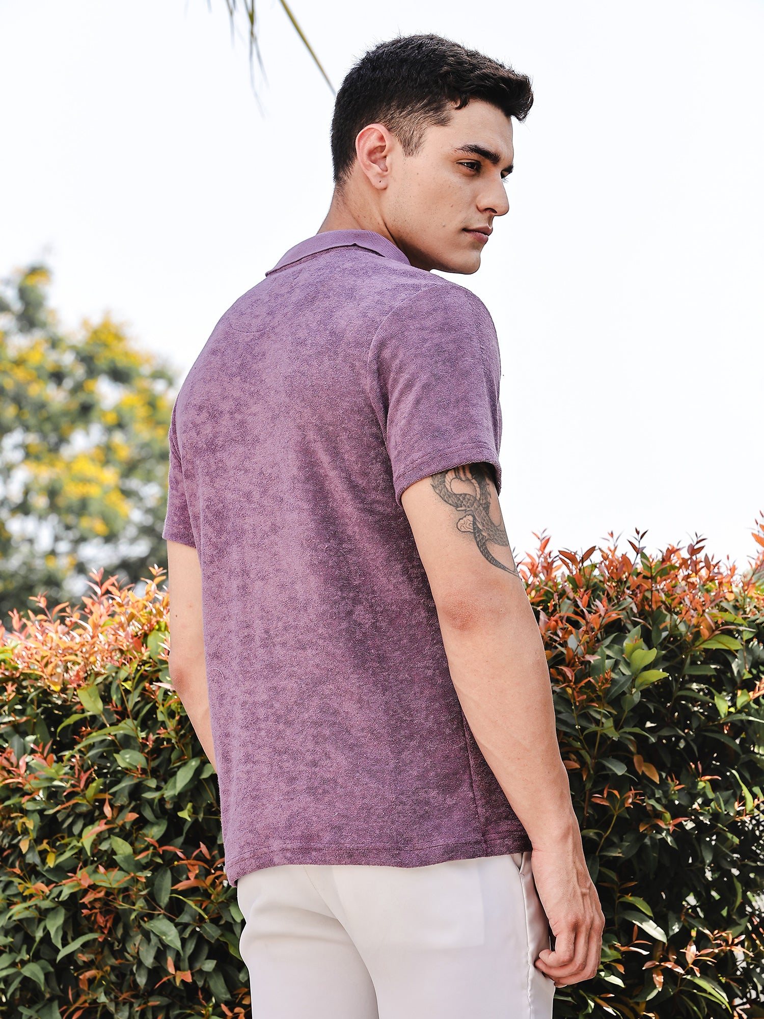 Thomas Scott Men Purple Towel Terry Regular Fit Short Sleeves Polo Collar Tshirt