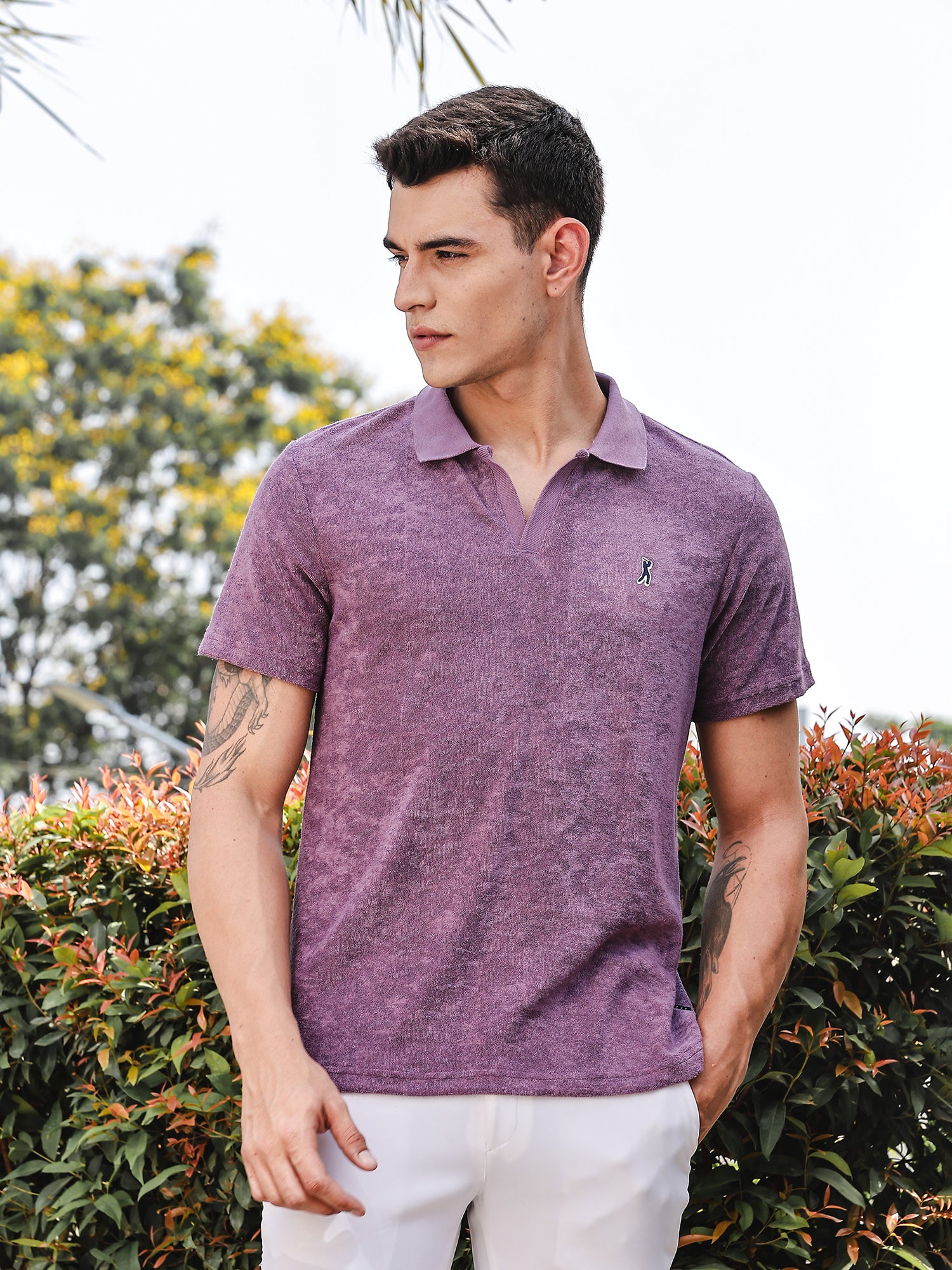 Thomas Scott Men Purple Towel Terry Regular Fit Short Sleeves Polo Collar Tshirt
