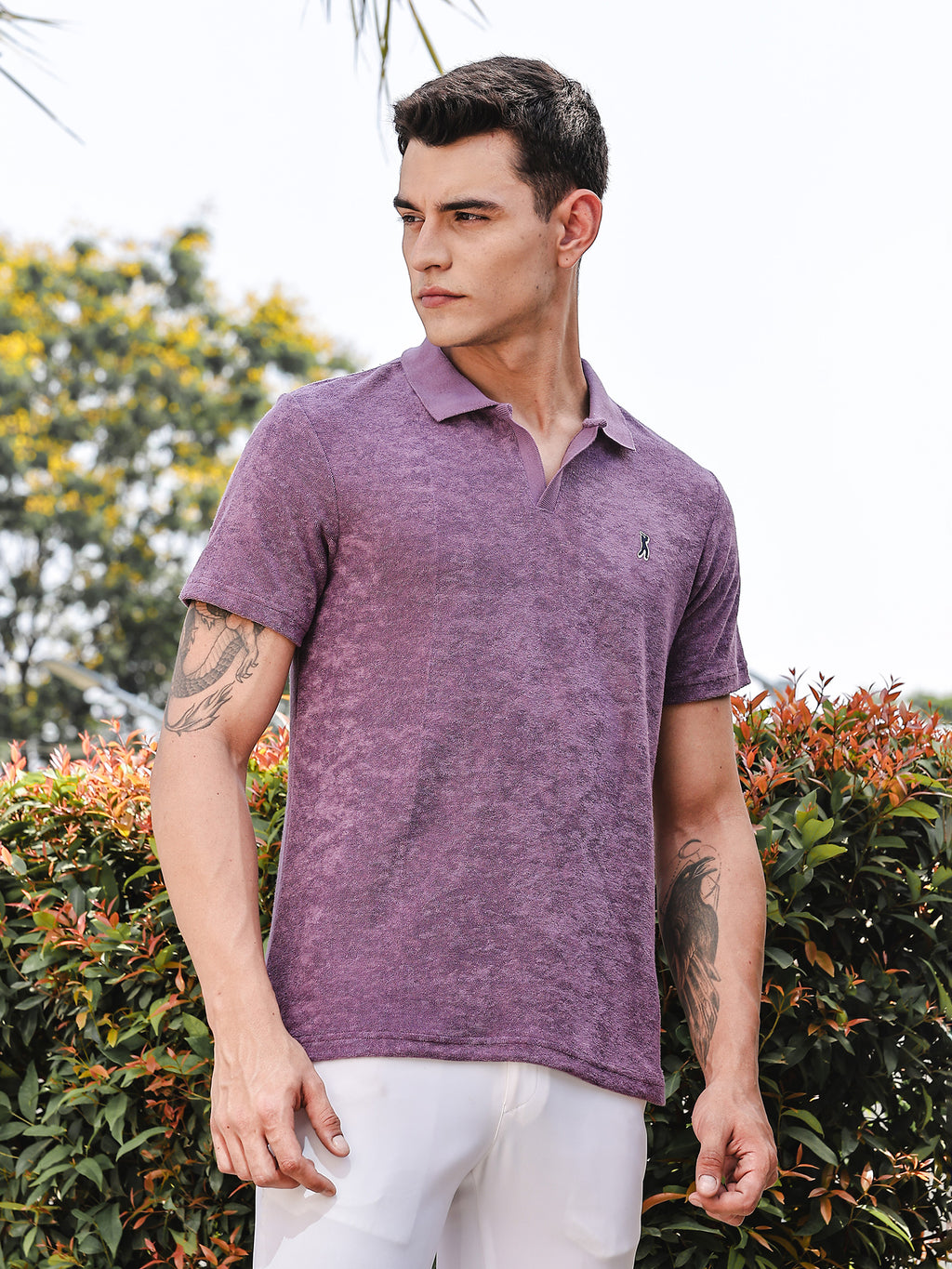 Thomas Scott Men Purple Towel Terry Regular Fit Short Sleeves Polo Collar Tshirt