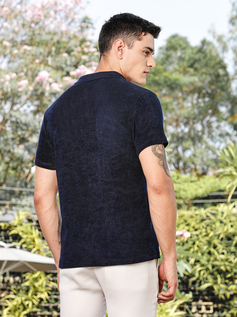 Thomas Scott Men Navy Towel Terry Regular Fit Short Sleeves Polo Collar Tshirt