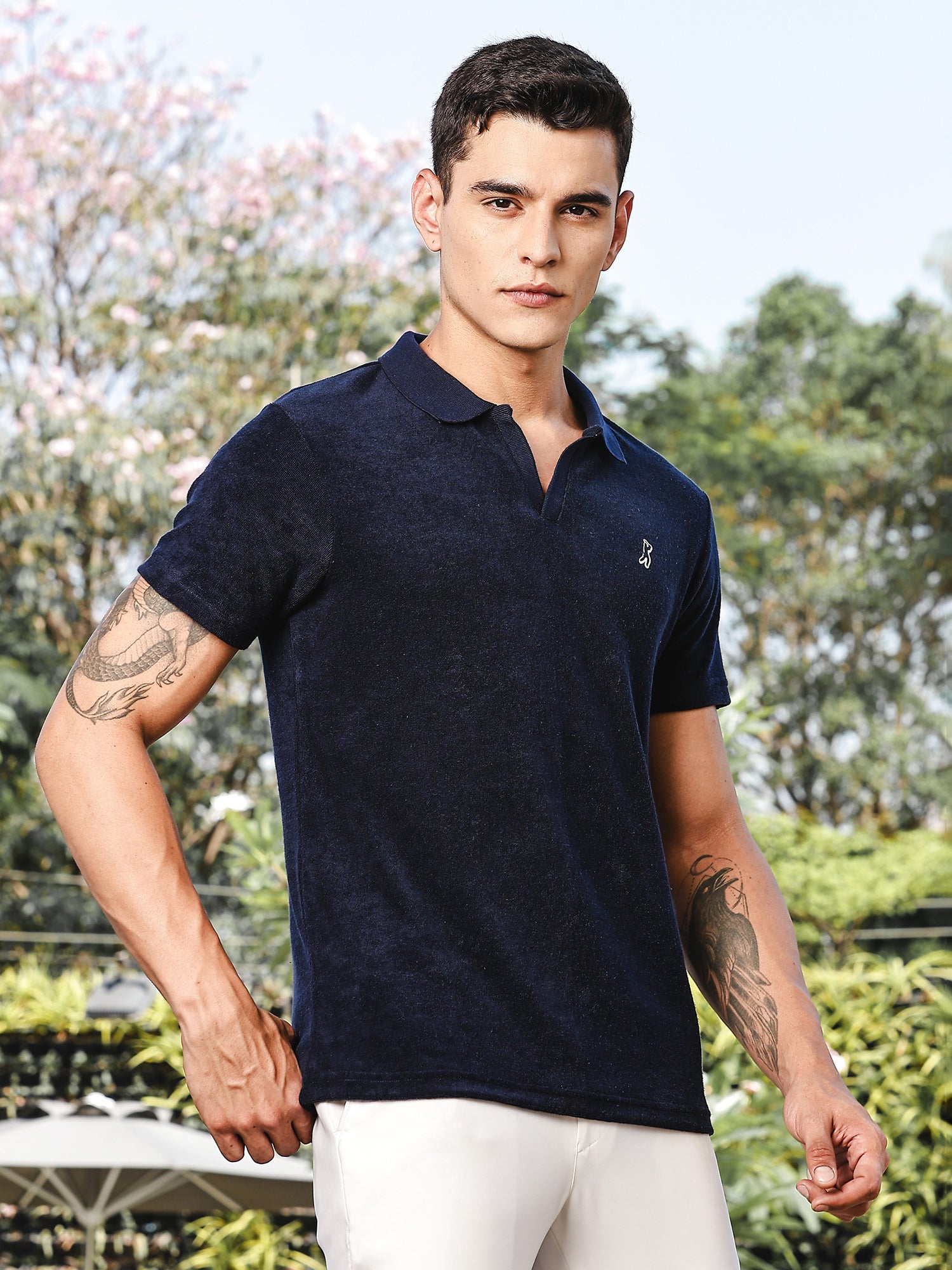 Thomas Scott Men Navy Towel Terry Regular Fit Short Sleeves Polo Collar Tshirt