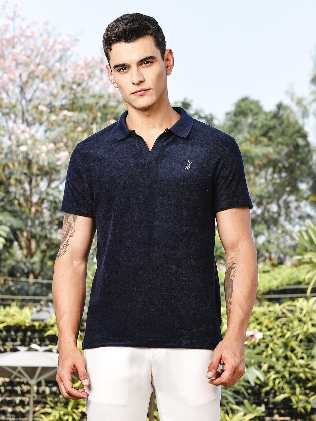 Thomas Scott Men Navy Towel Terry Regular Fit Short Sleeves Polo Collar Tshirt