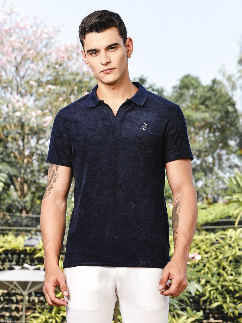 Thomas Scott Men Navy Towel Terry Regular Fit Short Sleeves Polo Collar Tshirt