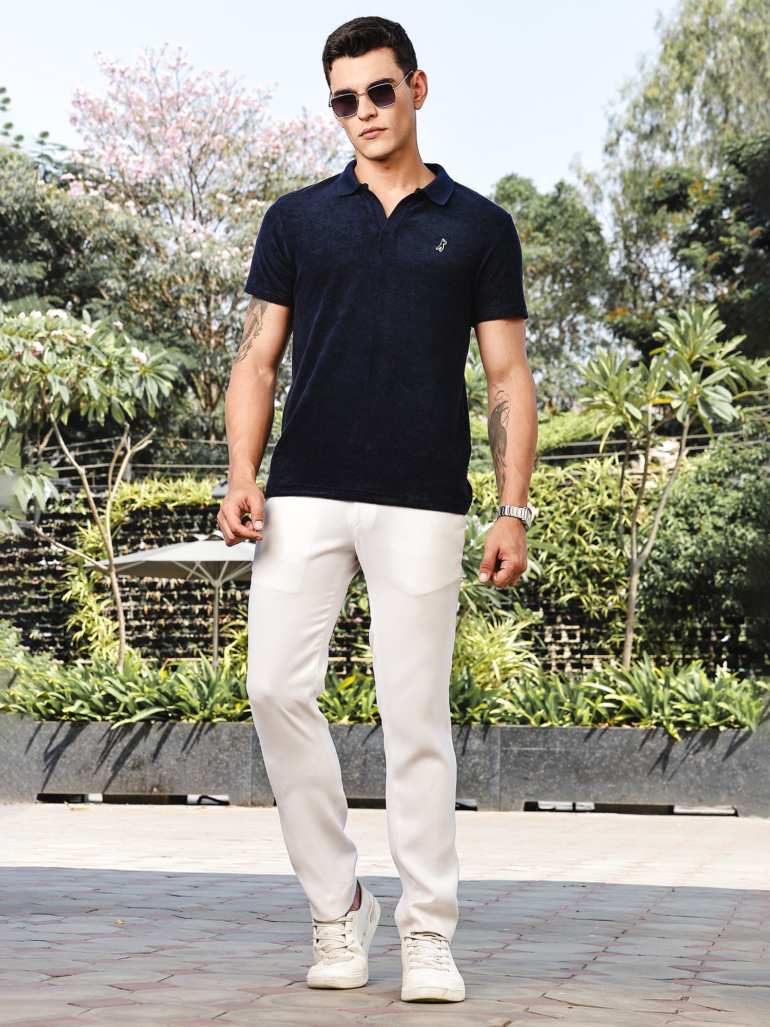 Thomas Scott Men Navy Towel Terry Regular Fit Short Sleeves Polo Collar Tshirt