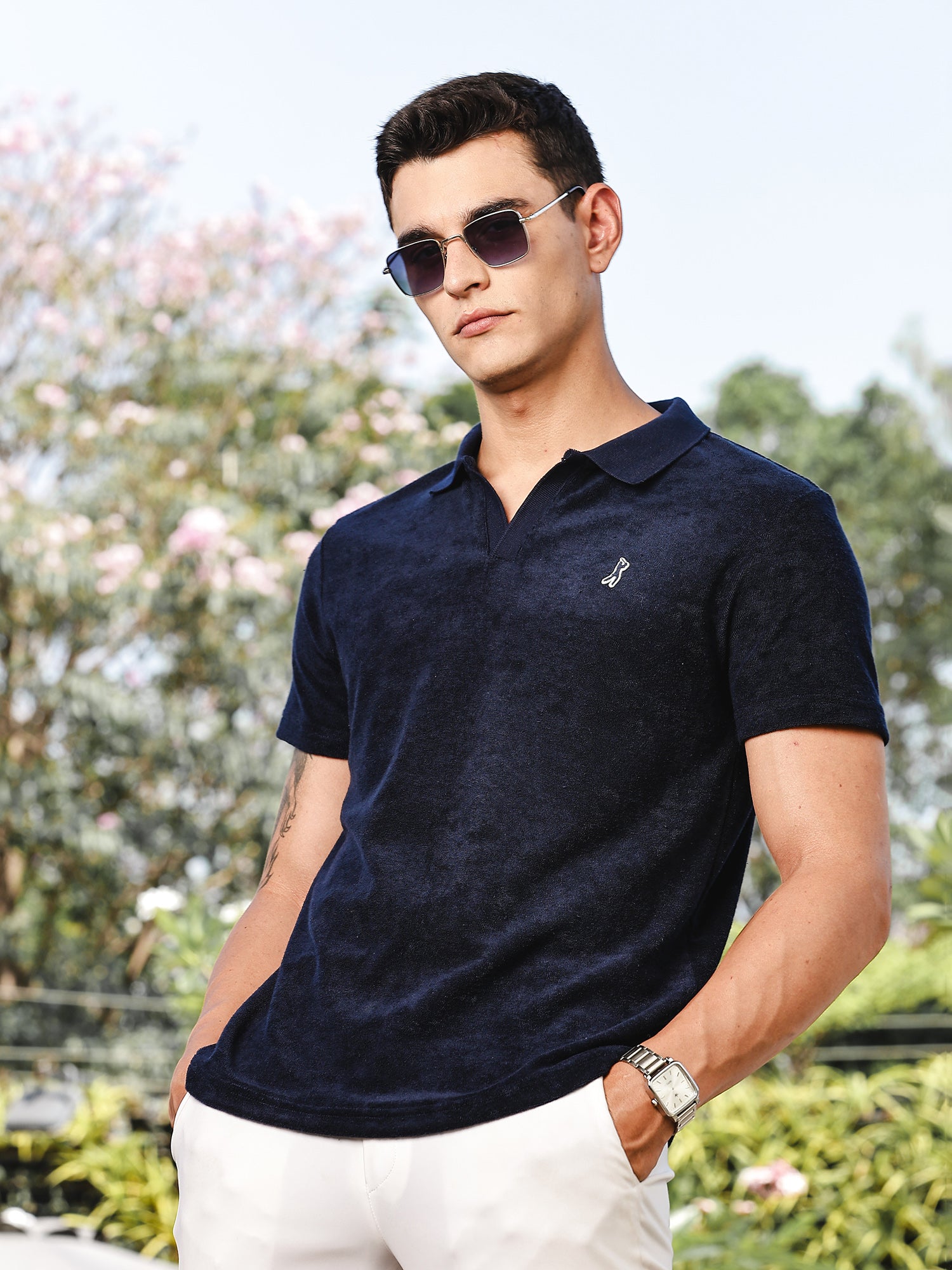 Thomas Scott Men Navy Towel Terry Regular Fit Short Sleeves Polo Collar Tshirt