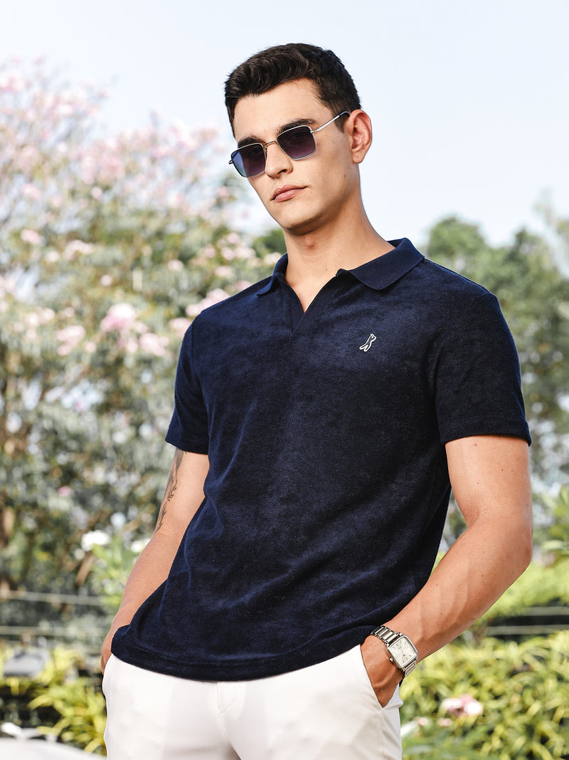 Thomas Scott Men Navy Towel Terry Regular Fit Short Sleeves Polo Collar Tshirt