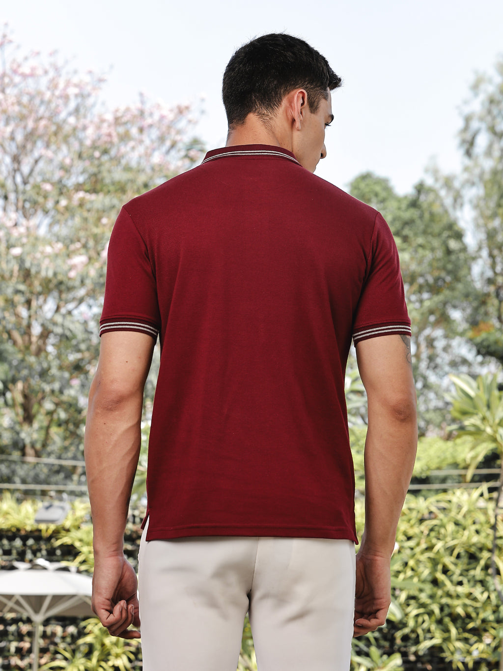 Thomas Scott Men Maroon Regular Fit Short Sleeves Solid Polo Collar Knitted Tshirt