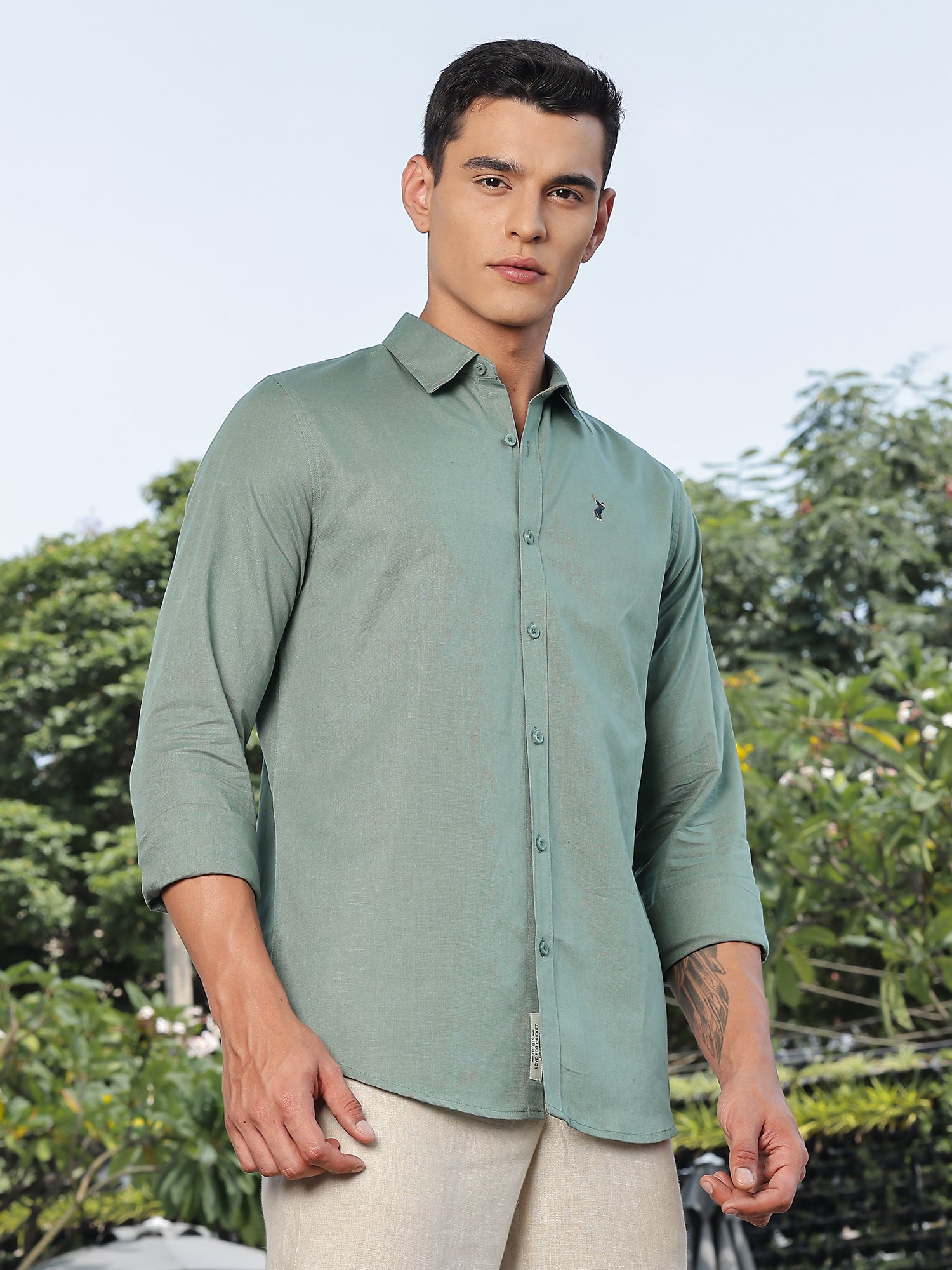 Thomas Scott Men Green Slim Fit Long Sleeves Spread Collar Linen Casual Shirt
