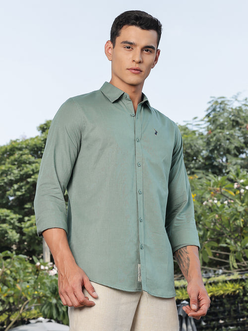 Thomas Scott Men Green Slim Fit Long Sleeves Spread Collar Linen Casual Shirt