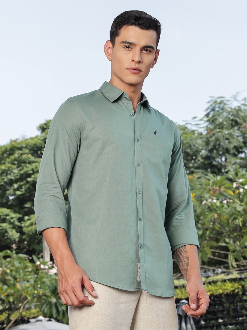 Thomas Scott Men Green Slim Fit Long Sleeves Spread Collar Linen Casual Shirt