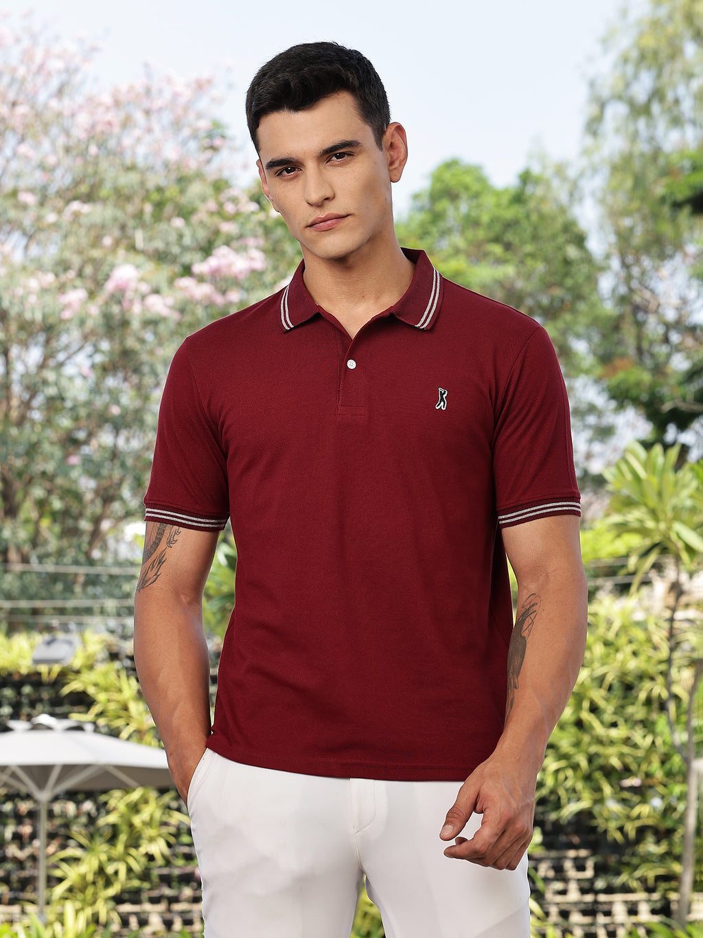 Thomas Scott Men Maroon Regular Fit Short Sleeves Solid Polo Collar Knitted Tshirt