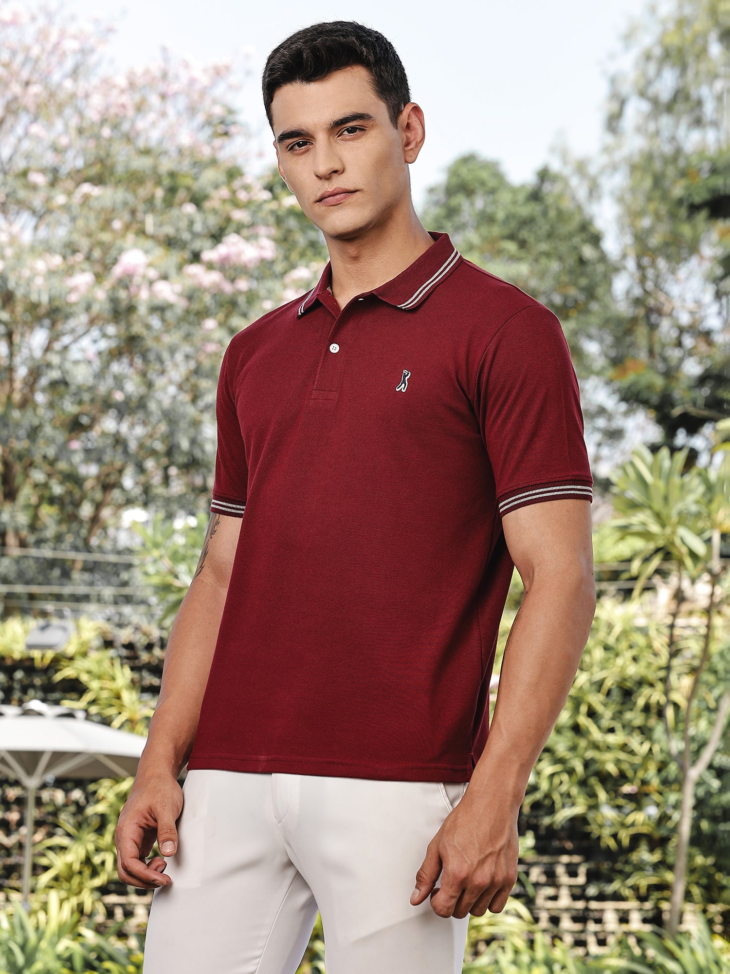 Thomas Scott Men Maroon Regular Fit Short Sleeves Solid Polo Collar Knitted Tshirt