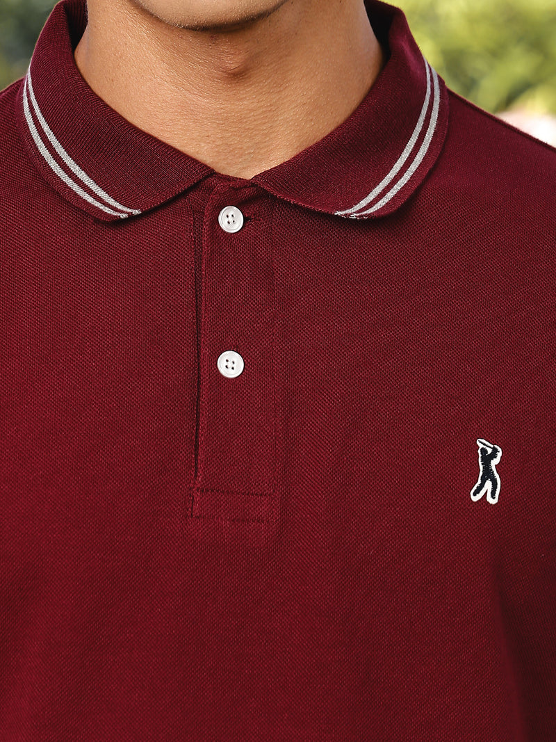 Thomas Scott Men Maroon Regular Fit Short Sleeves Solid Polo Collar Knitted Tshirt